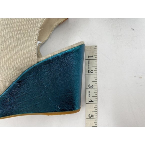 DIESEL Khaki Canvas  Peep Toe Blue Metallic Wedge Heel Shoes Women's Sz 40 (9) - Picture 7 of 12